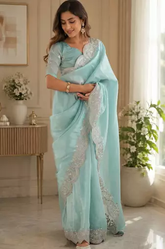 pastel blue shimmer chiffon plain embroidred border saree