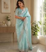 pastel blue shimmer chiffon plain embroidred border saree