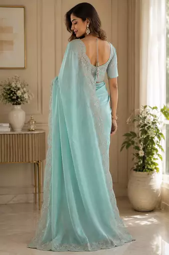pastel blue shimmer chiffon plain embroidred border saree