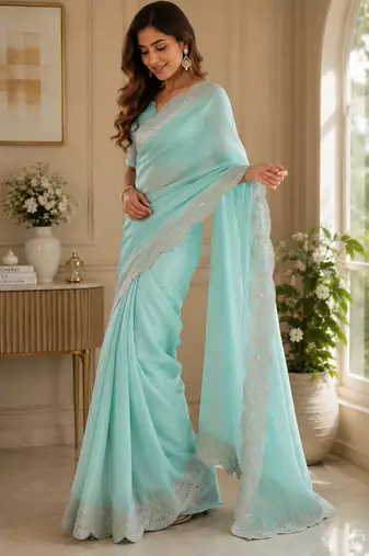 pastel blue shimmer chiffon plain embroidred border saree