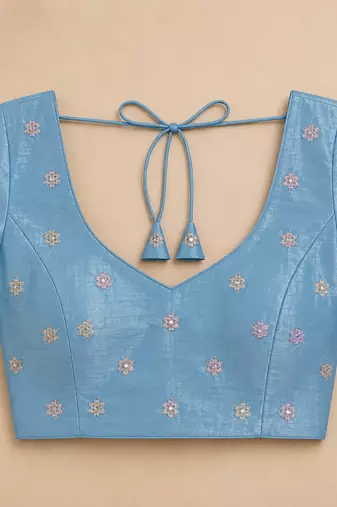 pastel blue shimmer chiffon plain embroidred border saree