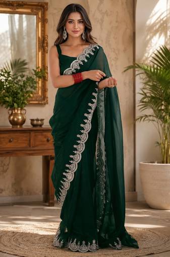 green shimmer chiffon plain embroidred border saree