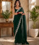 green shimmer chiffon plain embroidred border saree