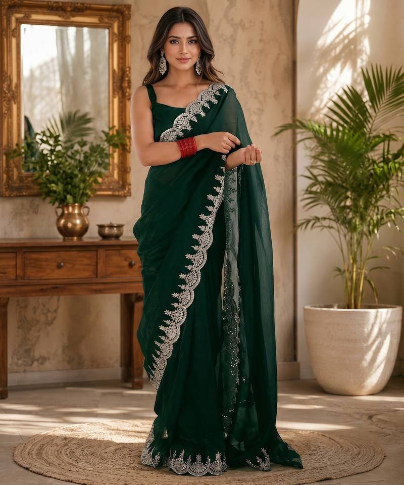 green shimmer chiffon plain embroidred border saree