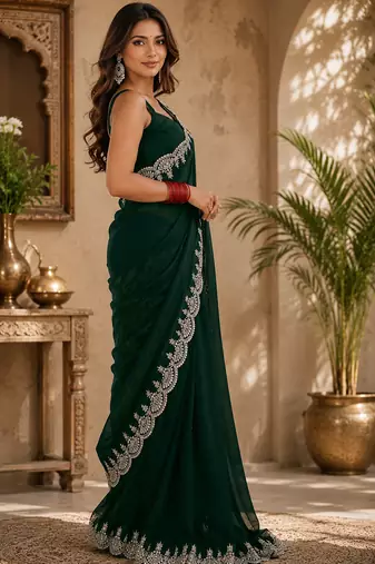 green shimmer chiffon plain embroidred border saree