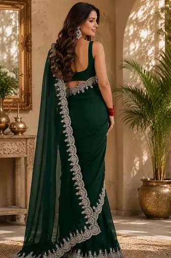 green shimmer chiffon plain embroidred border saree