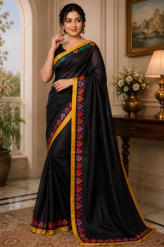 black chanderi cotton plain printed pre-stitched saree