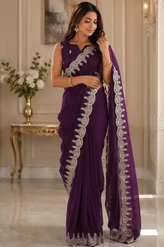 wine shimmer chiffon plain embroidred border saree