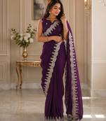 wine shimmer chiffon plain embroidred border saree