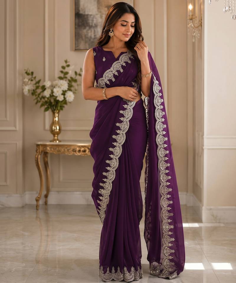 wine shimmer chiffon plain embroidred border saree