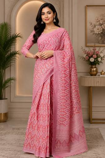 rose pink chanderi cotton geomatric & ethnic motifs printed ready to wear saree