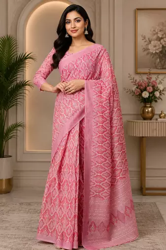 rose pink chanderi cotton geomatric & ethnic motifs printed ready to wear saree