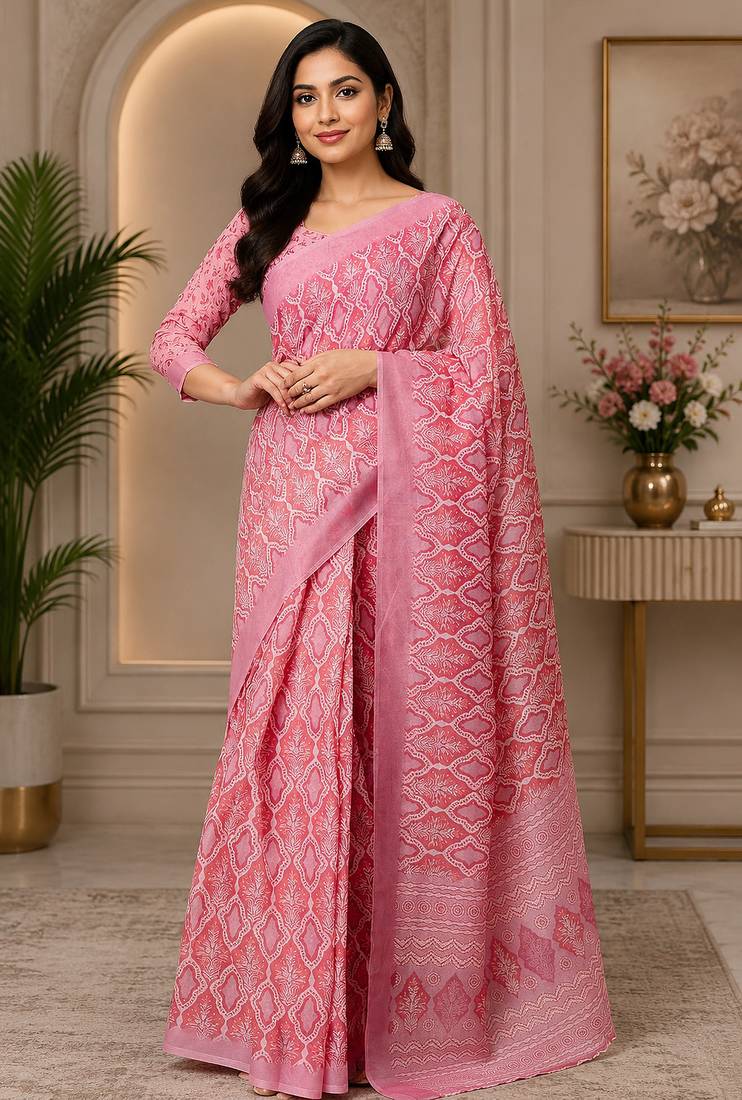 rose pink chanderi cotton geomatric & ethnic motifs printed ready to wear saree