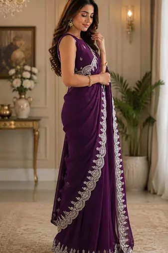 wine shimmer chiffon plain embroidred border saree