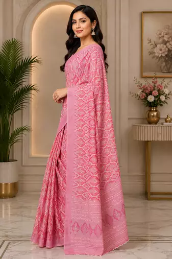 rose pink chanderi cotton geomatric & ethnic motifs printed ready to wear saree