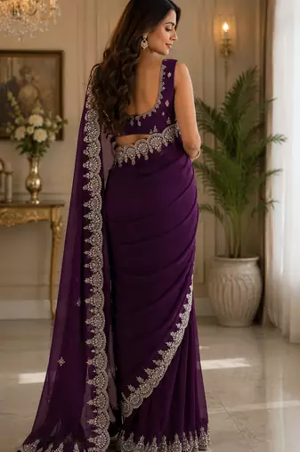 wine shimmer chiffon plain embroidred border saree