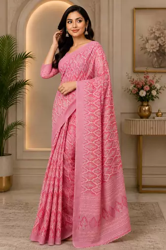 rose pink chanderi cotton geomatric & ethnic motifs printed ready to wear saree