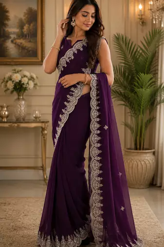 wine shimmer chiffon plain embroidred border saree