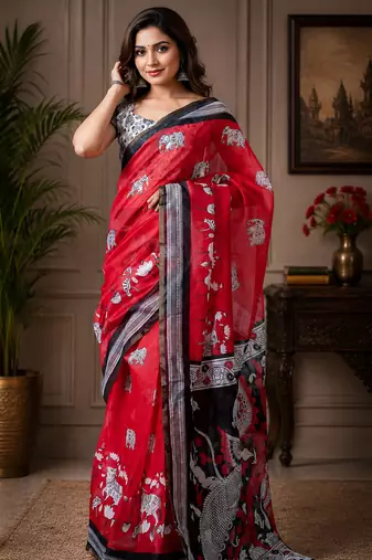 crimson red chanderi cotton kalamkari printed pre draped saree