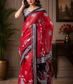 crimson red chanderi cotton kalamkari printed pre draped saree