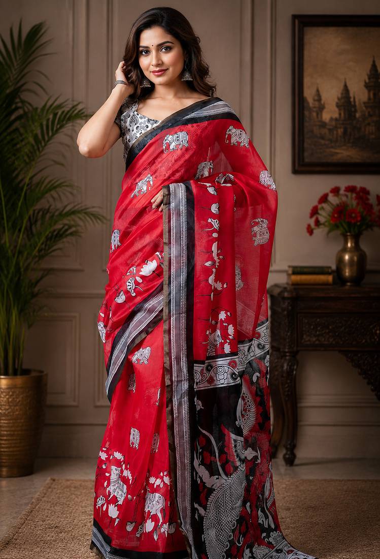 crimson red chanderi cotton kalamkari printed pre draped saree