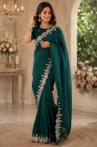 teal green shimmer chiffon plain embroidred border saree