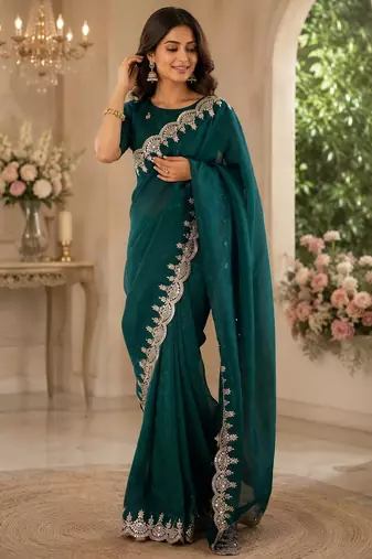 teal green shimmer chiffon plain embroidred border saree