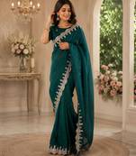 teal green shimmer chiffon plain embroidred border saree