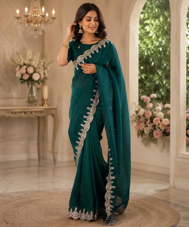 teal green shimmer chiffon plain embroidred border saree
