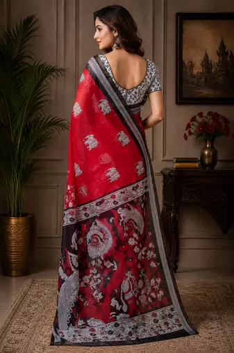 crimson red chanderi cotton kalamkari printed pre draped saree