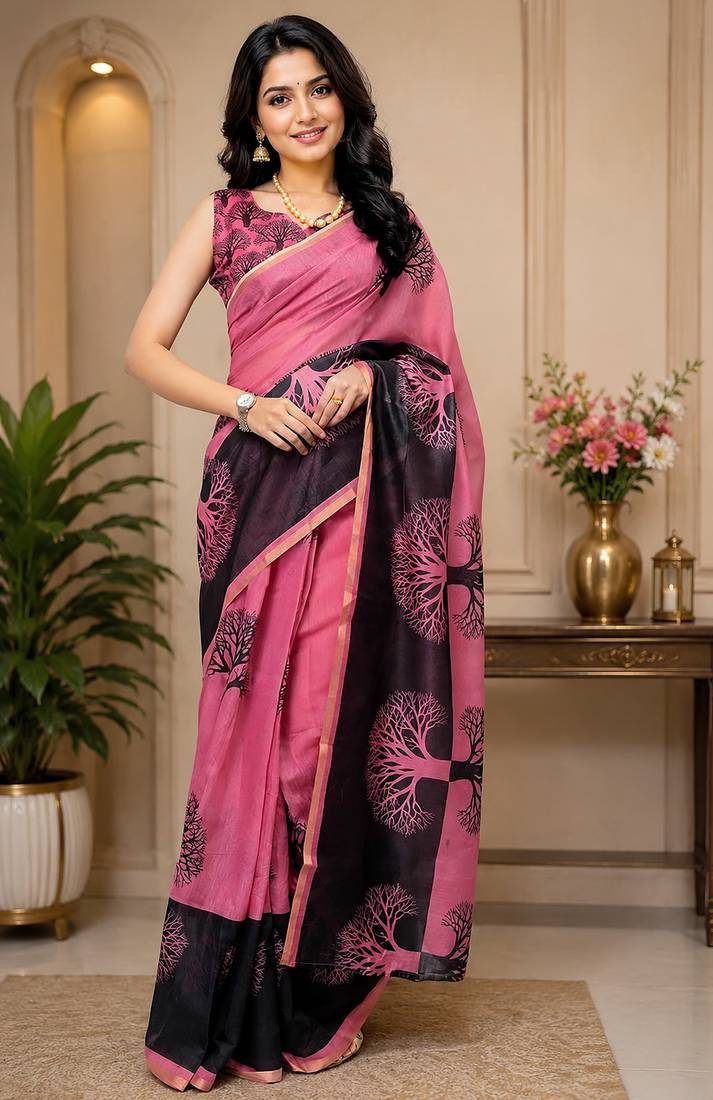 pink chanderi cotton tree mofis printed ready made saree