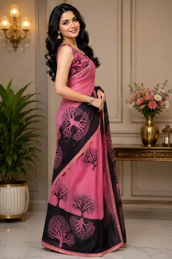 pink chanderi cotton tree mofis printed ready made saree
