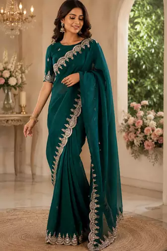teal green shimmer chiffon plain embroidred border saree