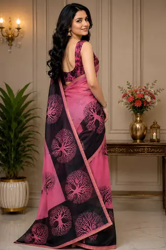 pink chanderi cotton tree mofis printed ready made saree