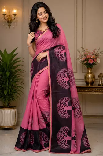 pink chanderi cotton tree mofis printed ready made saree