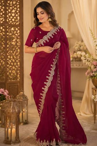 maroon shimmer chiffon plain embroidred border saree
