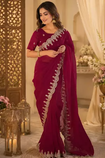 maroon shimmer chiffon plain embroidred border saree