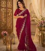 maroon shimmer chiffon plain embroidred border saree