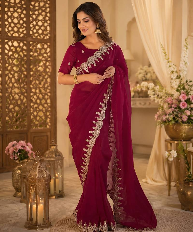 maroon shimmer chiffon plain embroidred border saree