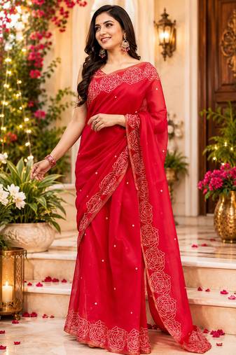 red chanderi cotton butti printed pre-stitched saree