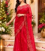 red chanderi cotton butti printed pre-stitched saree