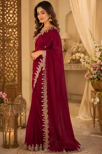 maroon shimmer chiffon plain embroidred border saree