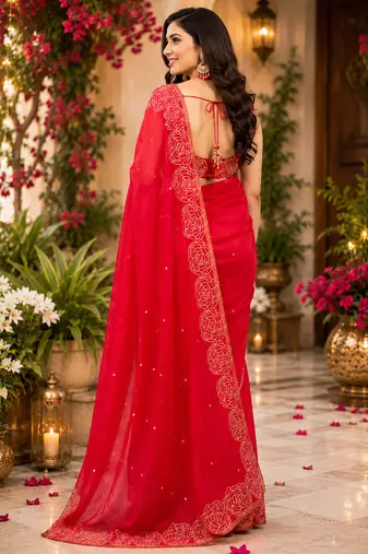 red chanderi cotton butti printed pre-stitched saree
