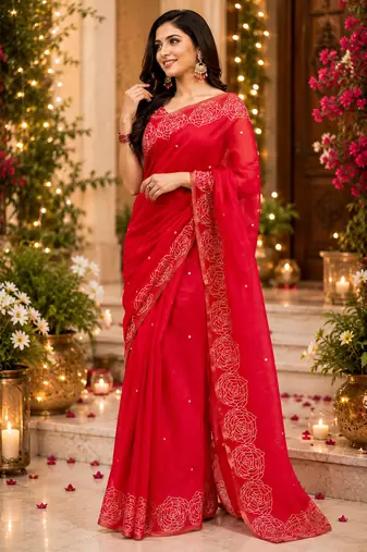 red chanderi cotton butti printed pre-stitched saree