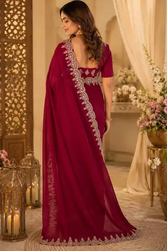 maroon shimmer chiffon plain embroidred border saree