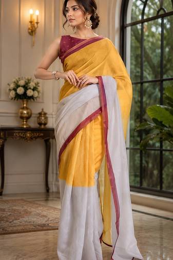 mustard yellow chanderi cotton plain printed ready to wear saree