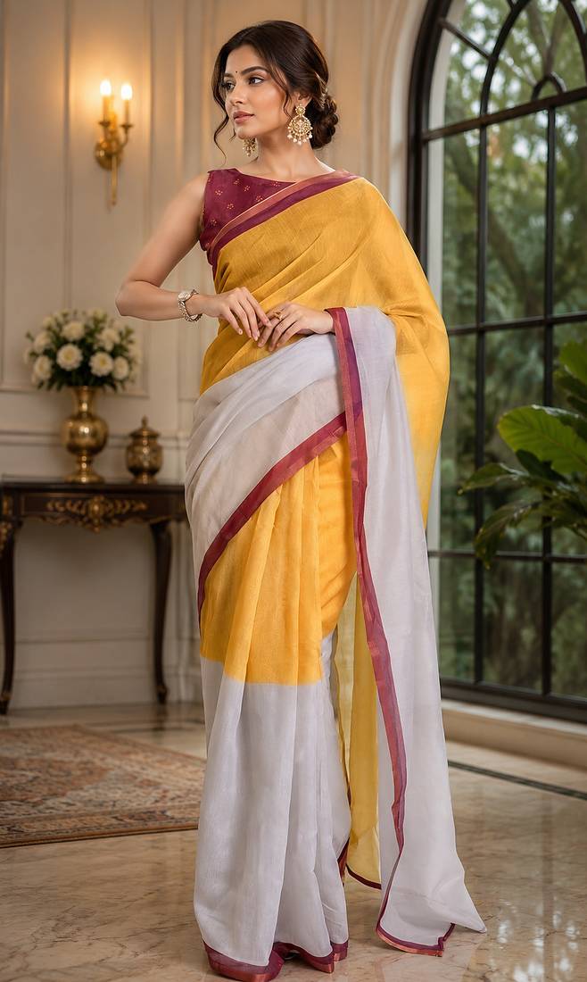 mustard yellow chanderi cotton plain printed ready to wear saree