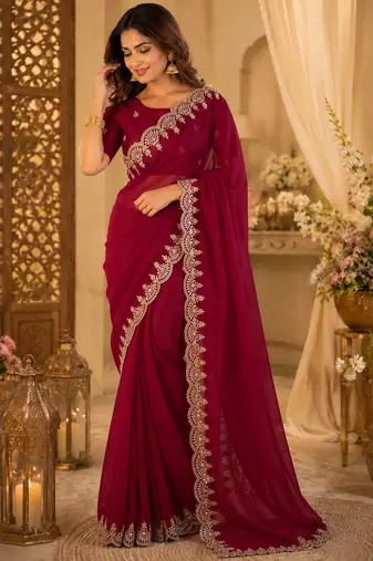 maroon shimmer chiffon plain embroidred border saree