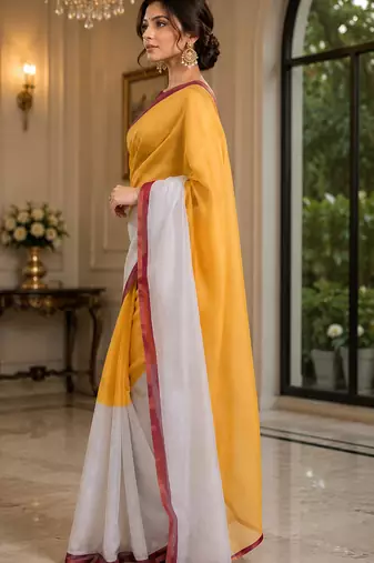 mustard yellow chanderi cotton plain printed ready to wear saree