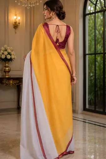 mustard yellow chanderi cotton plain printed ready to wear saree